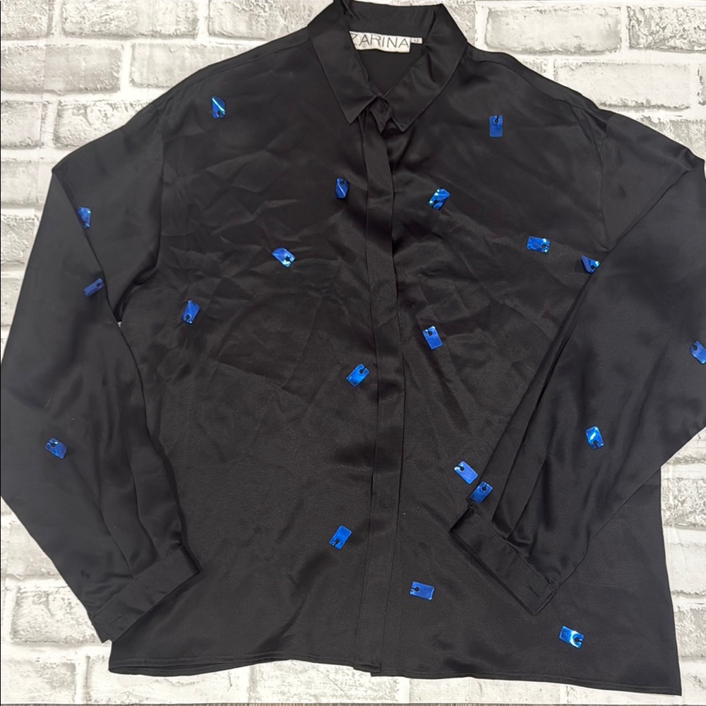 Black Zarina 100% Silk Shirt with Blue Embellishments